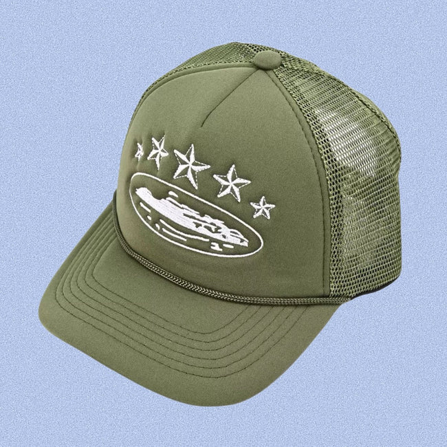 Olive Green Vintage Trucker Cap | Embroidered Streetwear Hat Hover Image