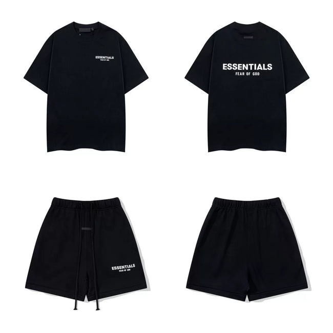 Fog Essentials Black Logo 2‑Piece Outfit Oversized T‑Shirt & Drawstring Sweat Shorts Street Co‑ord Set Hover Image