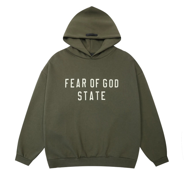 Fog Essentials Olive‑Green Oversized Hoodie White “FEAR OF GOD STATE” Chest Logo Hover Image