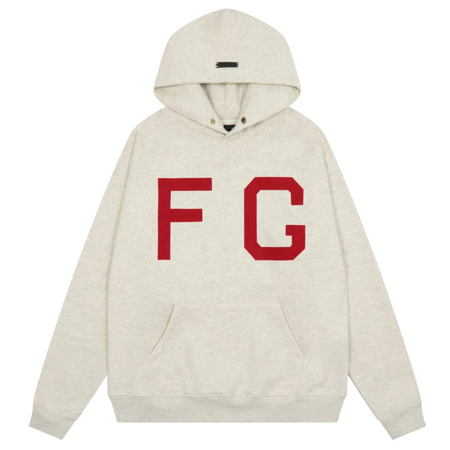 Fog Essentials Heather Oatmeal Bold Large Red FG Graphic Oversized Hoodie Hover Image