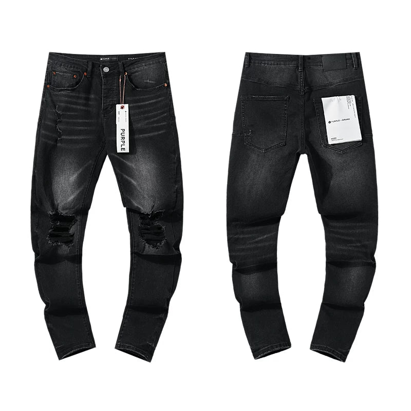 Double‑Knee Ripped Black Slim Denim Jeans Streetwear Pants