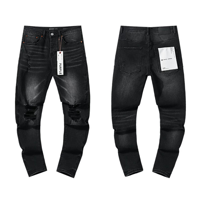 Double‑Knee Ripped Black Slim Denim Jeans Streetwear Pants Hover Image