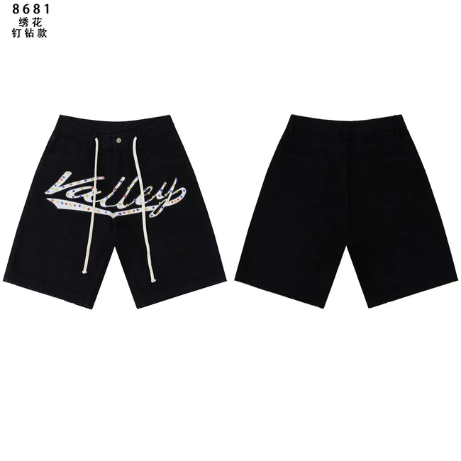 VALEFOREVER Black Denim Shorts Graffiti Rhinestone Script Logo Hover Image