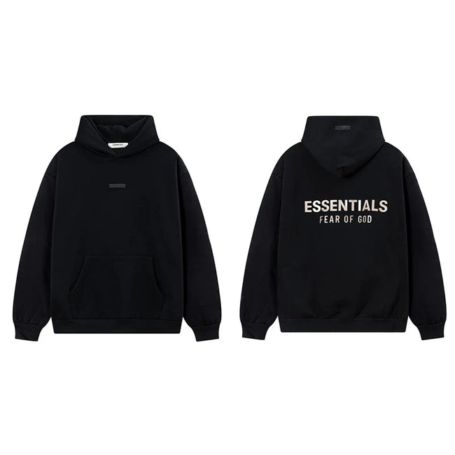 Fog Essentials Solid Black Fleece‑Lined Oversized Pullover Hoodie White Chest Logo Hover Image