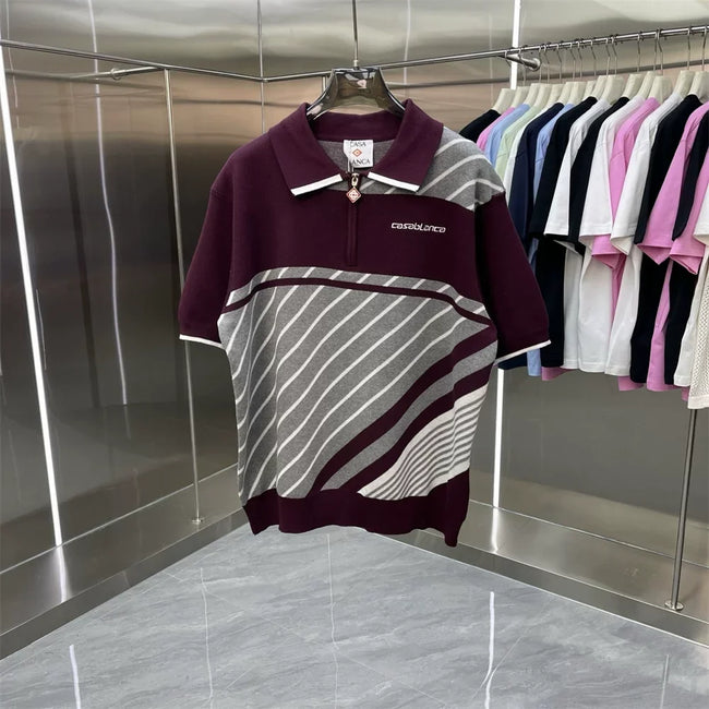 Casablanca Diagonal Stripe Knit Polo Shirt - Burgundy / White Hover Image