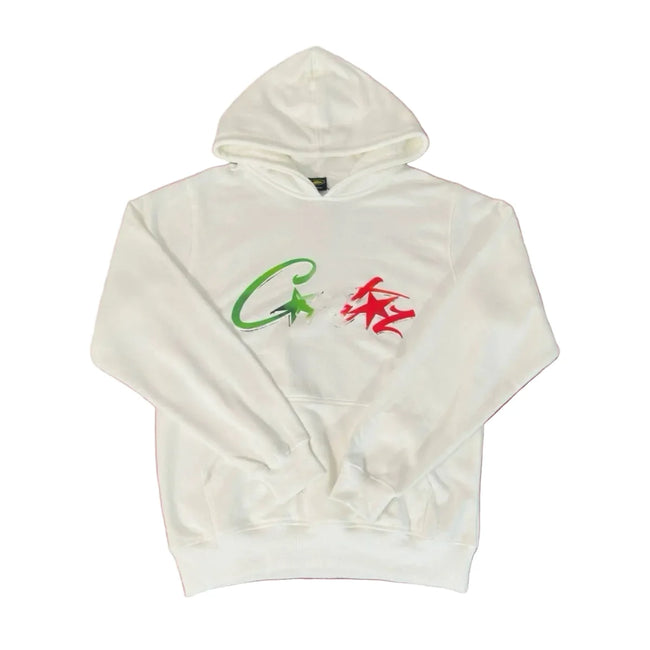 Corteiz “C-Logo” White Hoodie — Colorful Star Graphic on Oversized Streetwear Pullover Hover Image
