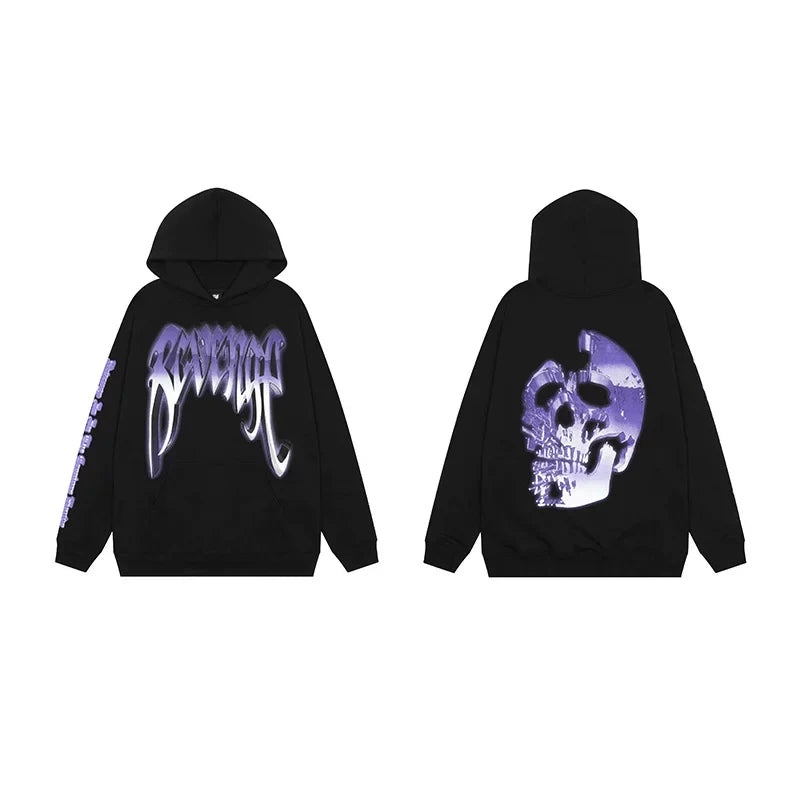 Revenge Gradient Splatter Cracked Skull Arch Logo Pullover Hoodie purple