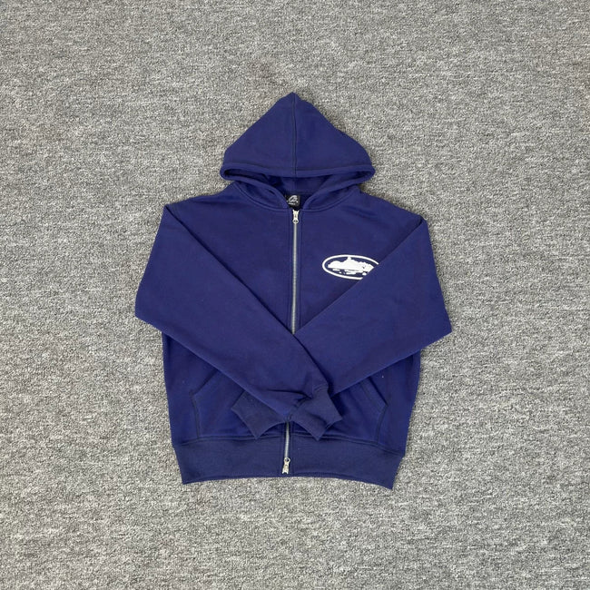 Royal Blue Zip-Up Hoodie | Minimalist Streetwear Hoodie with Embroidered Logo Detail Hover Image