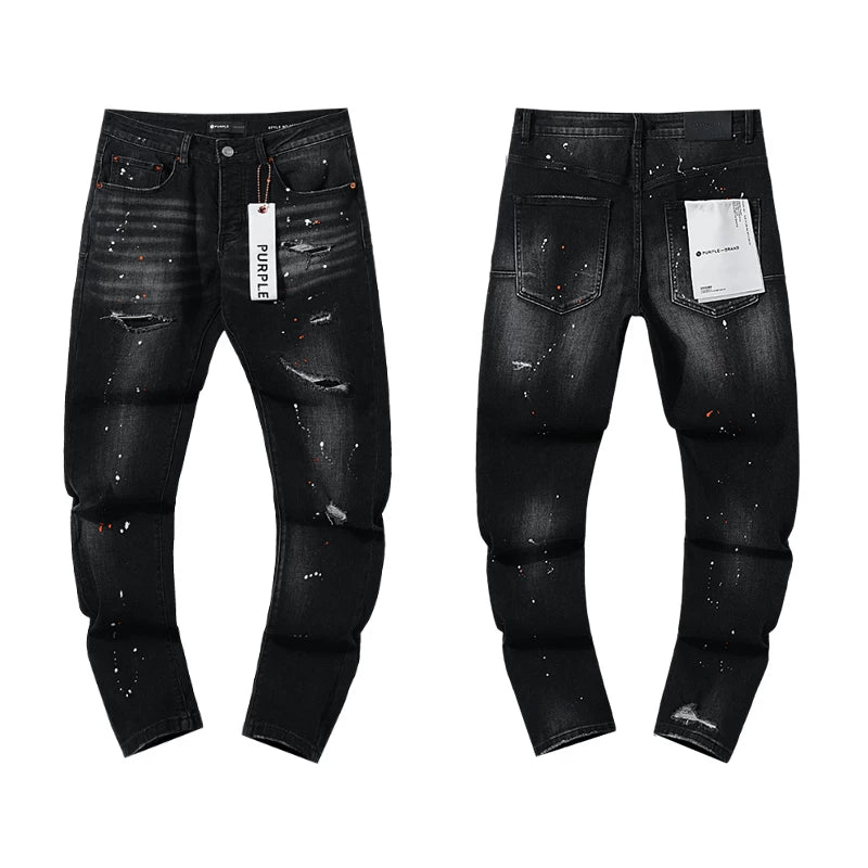 Ripped Multi‑Color Paint‑Splatter Black Slim Denim Jeans Street‑Wear Pants