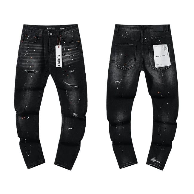 Ripped Multi‑Color Paint‑Splatter Black Slim Denim Jeans Street‑Wear Pants Hover Image