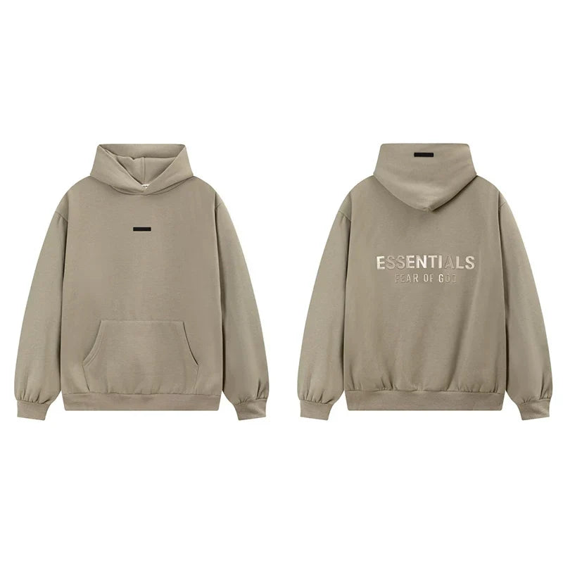 Fog Essentials Khaki Fleece‑Lined Oversized Pullover Hoodie Chest Logo
