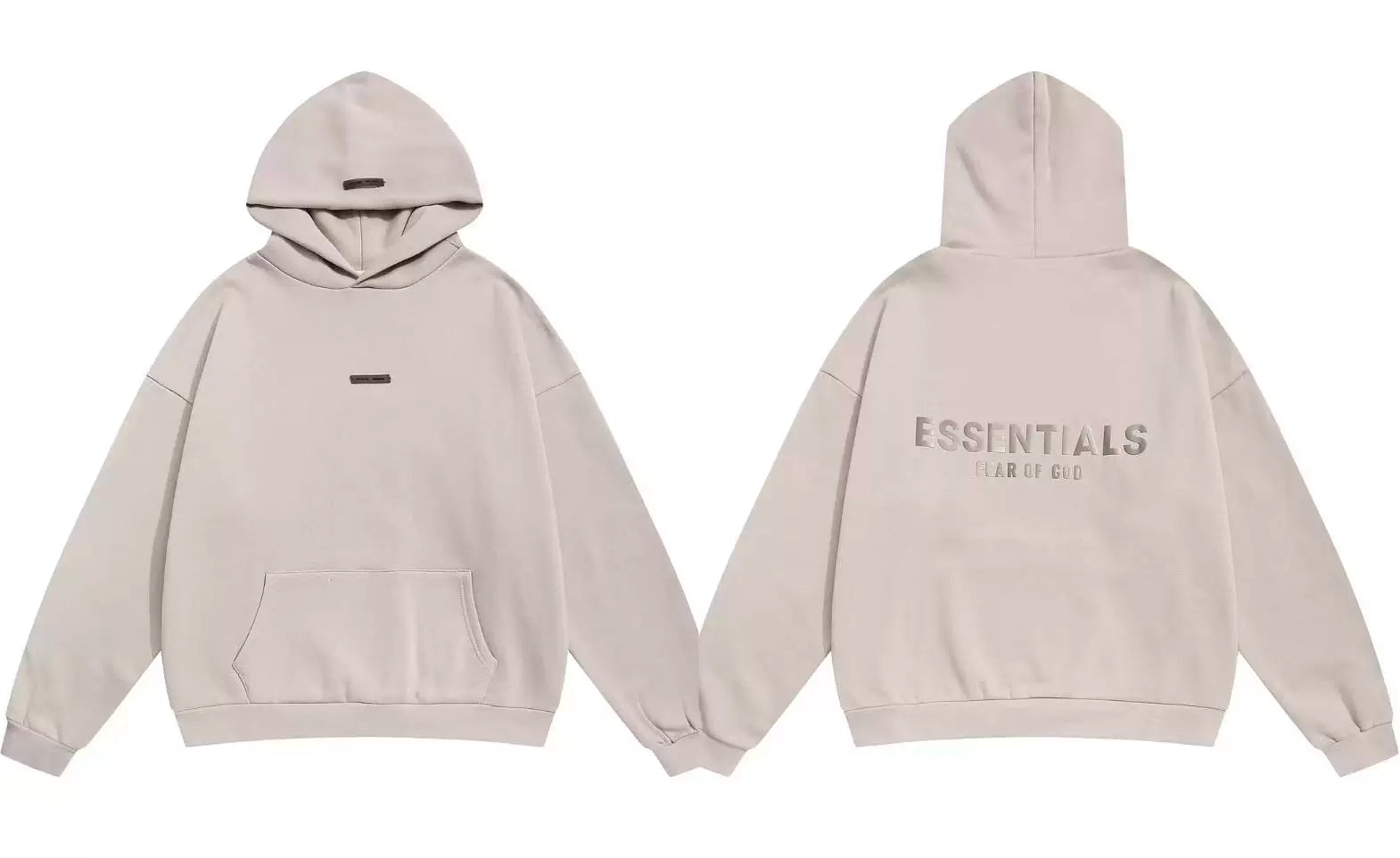 Fog Essentials Neutral‑Tone Back Graphic Hoodie, Casual Baggy Long‑Sleeve Pullover