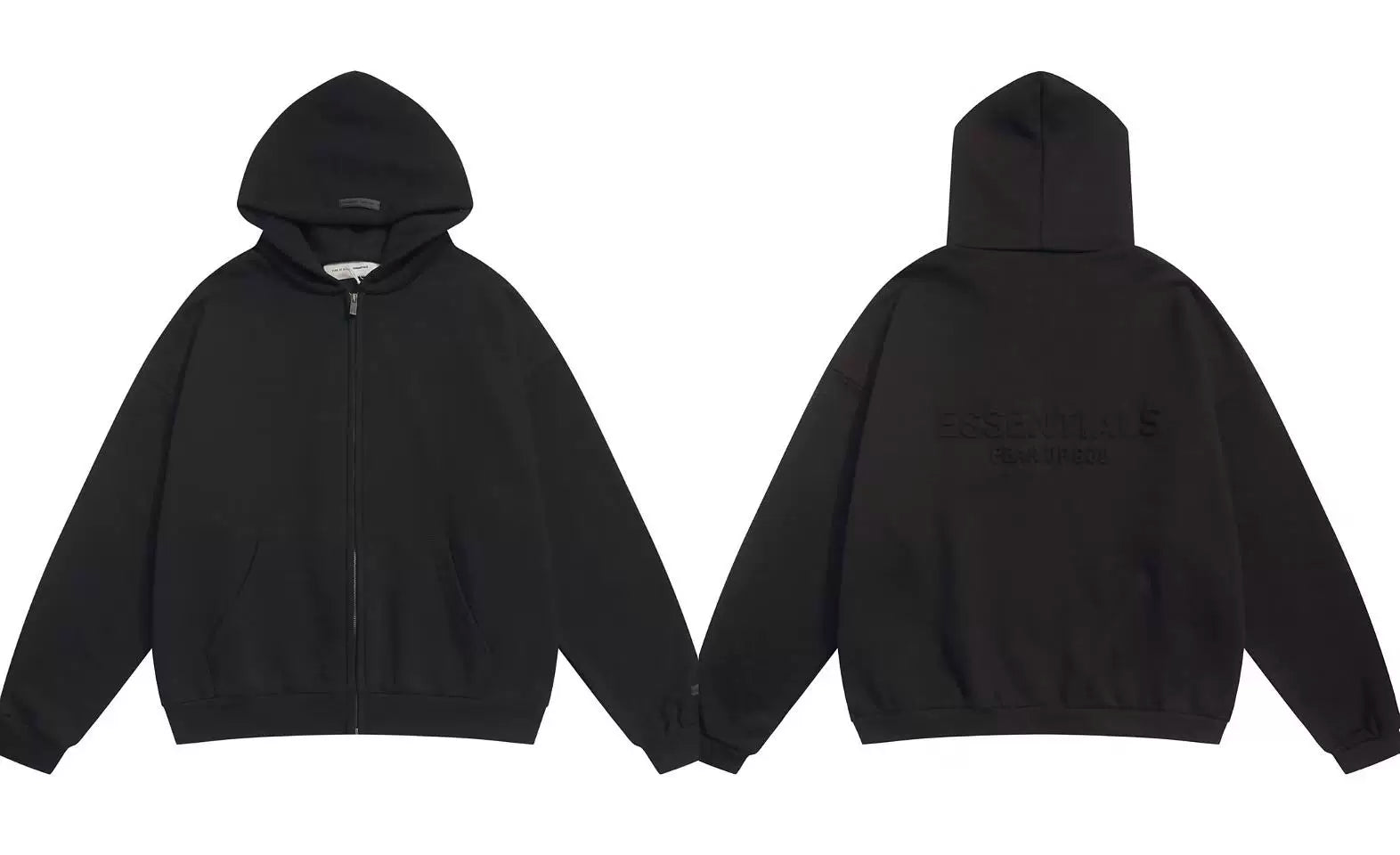 Fog Essentials Black Tonal Embossed Back Logo Zip‑Up Hoodie, Oversized Heavy‑Weight Street Jacket