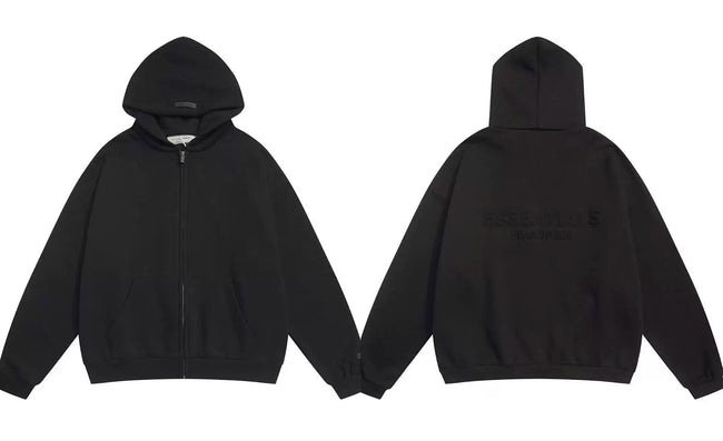 Fog Essentials Black Tonal Embossed Back Logo Zip‑Up Hoodie, Oversized Heavy‑Weight Street Jacket Hover Image