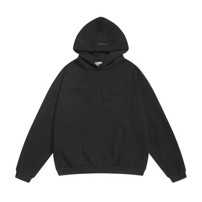 Fog Essentials Black Embossed Front Logo Hoodie, Baggy Heavy‑Weight Casual Hooded Sweatshirt Hover Image