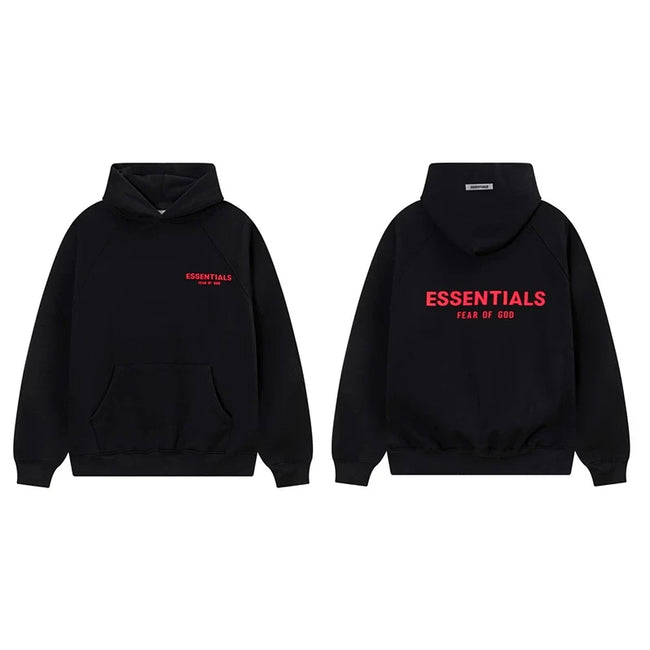 Fog Essentials Black Fleece‑Lined Oversized Pullover Hoodie Bright Red Chest Logo Print Hover Image