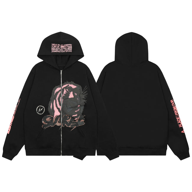 Streetwear Graphic Tiger & Hood Print Zip-Up Hoodie - Black/Pink Hover Image