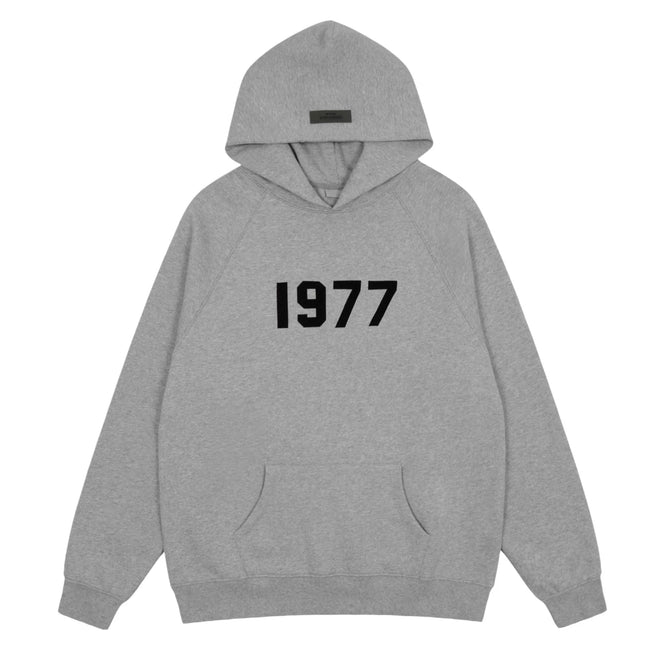 Fog Essentials Heather Grey 1977 Vintage Graphic Oversized Street‑Style Hoodie Hover Image