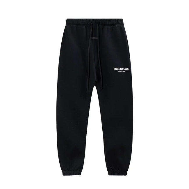 Fog Essentials White‑Print Solid‑Black Baggy Elastic‑Cuff Jogger Sweatpants Hover Image