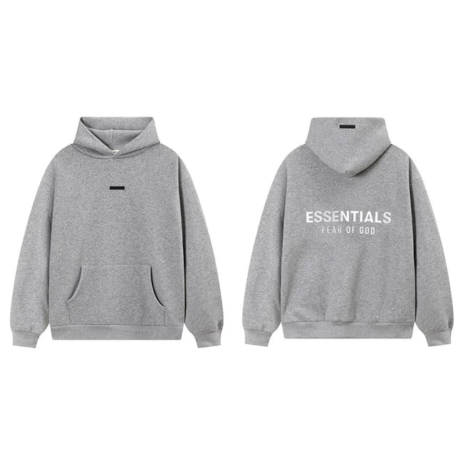 Fog Essentials Heather Grey Fleece‑Lined Oversized Pullover Hoodie White Chest Logo Hover Image