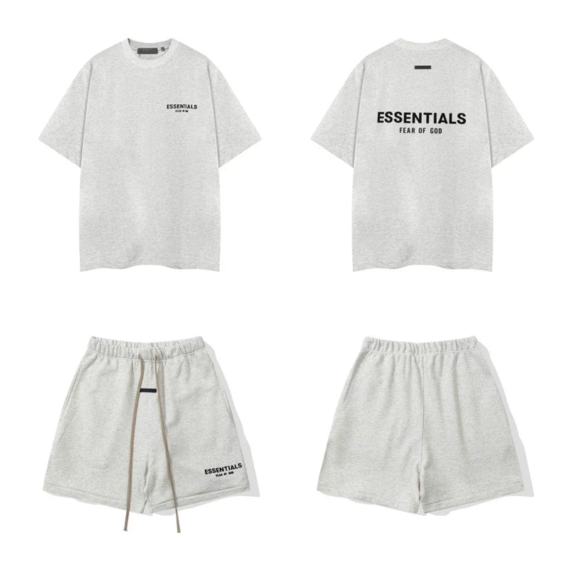 Fog Essentials Off‑White Letter Print Matching Set Oversized T‑Shirt & Elastic Shorts Casual Streetwear 2‑Piece Suit