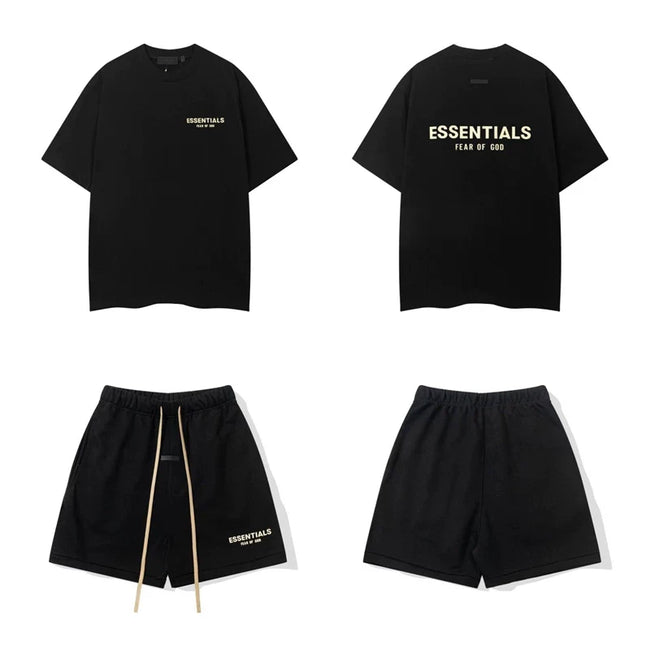Fog Essentials Gold Letter Print 2‑Piece Outfit Oversized Tee & Drawstring Shorts Hip‑Hop Tracksuit Hover Image