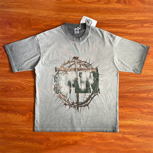 SAINT VANITY Artistic Thorns Art Thorn Pattern Wash Water Casual Short Sleeve T-shirt Hover Image