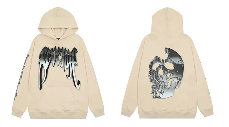 Revenge Cream Metallic Silver 3D Skull Arch Logo Pullover Hoodie