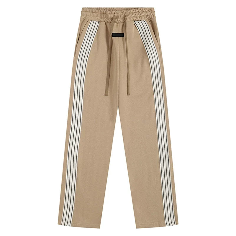 Fog Essentials Khaki Side‑Stripe Straight‑Leg Sweatpants Hip‑Hop Casual Pants
