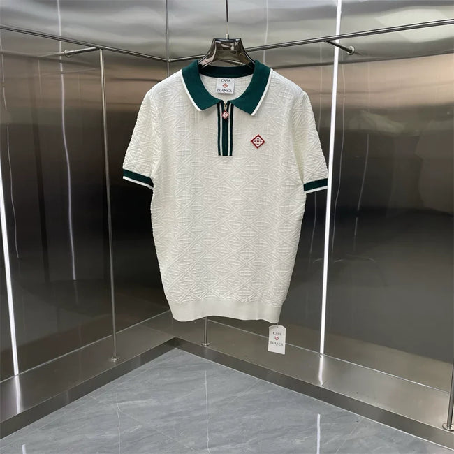 Casablanca Contrast Dark Green Collar Knit Polo Shirt - Off-White Hover Image