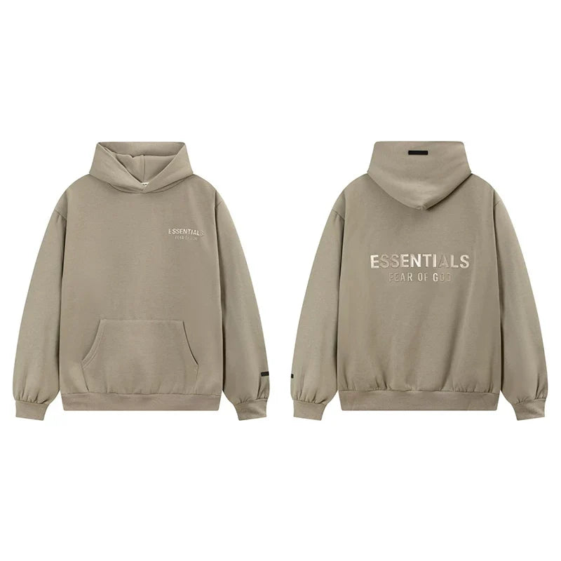 Fog Essentials Khaki Taupe Fleece‑Lined Oversized Pullover Hoodie Chest Logo Print