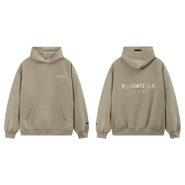 Fog Essentials Khaki Taupe Fleece‑Lined Oversized Pullover Hoodie Chest Logo Print Hover Image