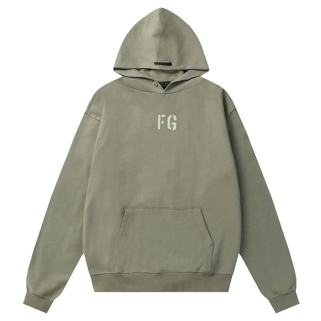 Fog Essentials Olive‑Green Oversized Hoodie Minimal “FG” Chest Logo Hover Image