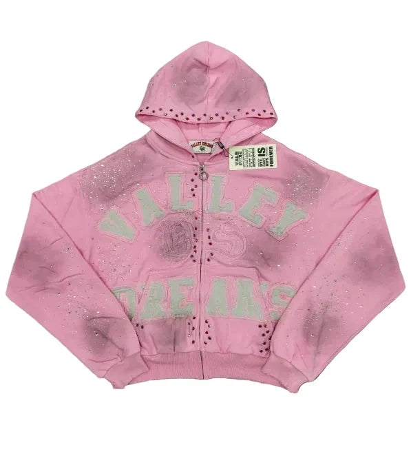 Valley Dreams Rhinestone Zip‑Up Cropped Hoodie, Unisex Pink Washed Streetwear Jacket Hover Image