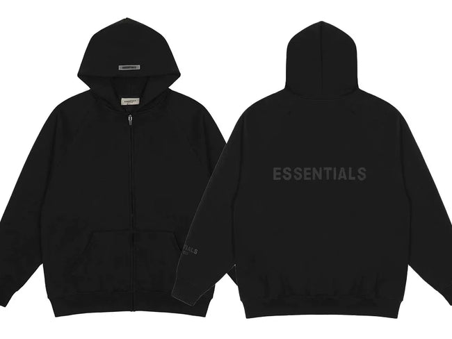 Fog Essentials Black Oversized Full‑Zip Hoodie Tonal Back “ESSENTIALS” Logo Hover Image