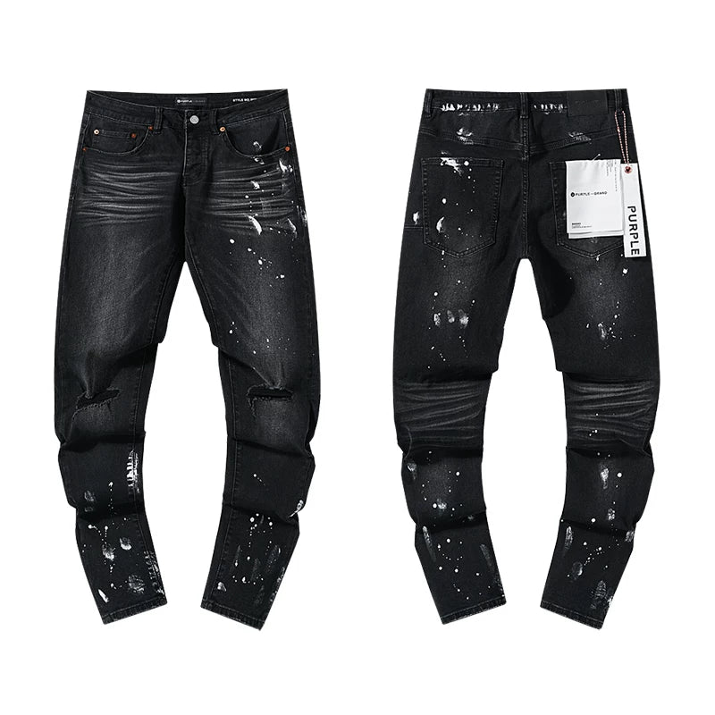 Paint‑Splatter Black Slim Denim Jeans Streetwear Pants