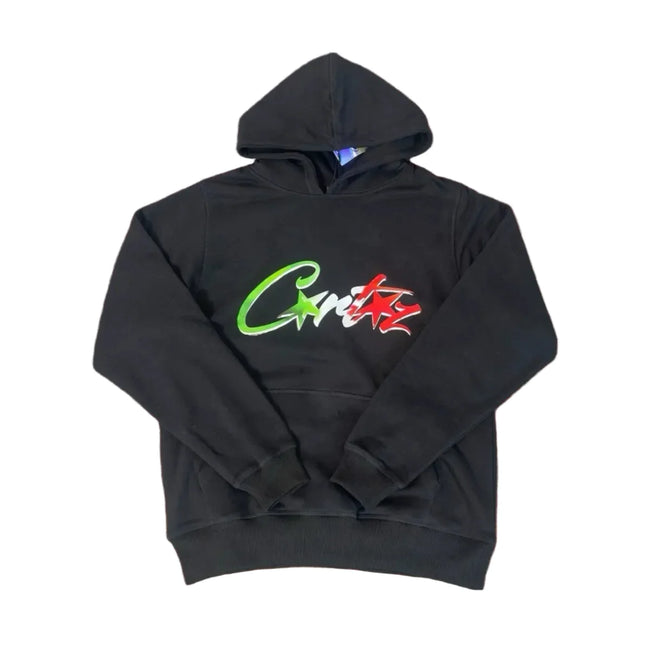Corteiz “C-Logo” Black Hoodie — Colorful Star Graphic on Oversized Streetwear Pullover Hover Image