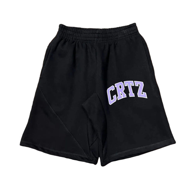 Corteiz “CRTZ” Black Shorts — Bold Purple Lettering on Classic Streetwear Silhouette Hover Image