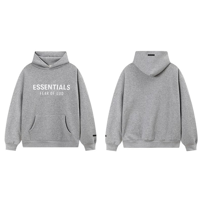 Fog Essentials Heather Grey Fleece‑Lined Oversized Pullover Hoodie White & Red Chest Logo Hover Image