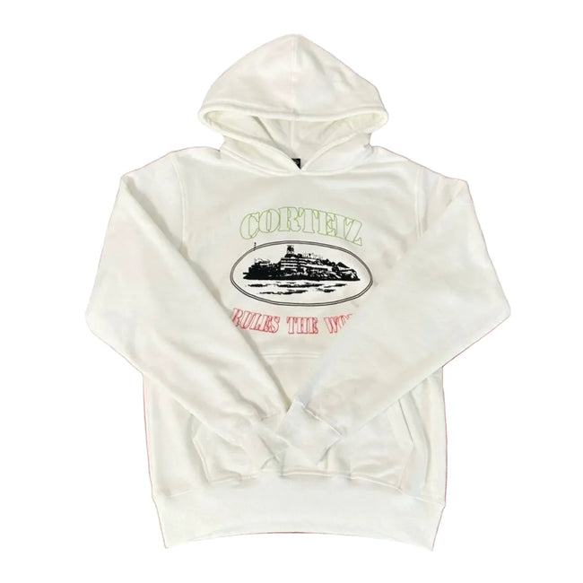 Corteiz “Alcatraz” Off-White Hoodie — Vintage Island Graphic on Oversized Streetwear Pullover Hover Image