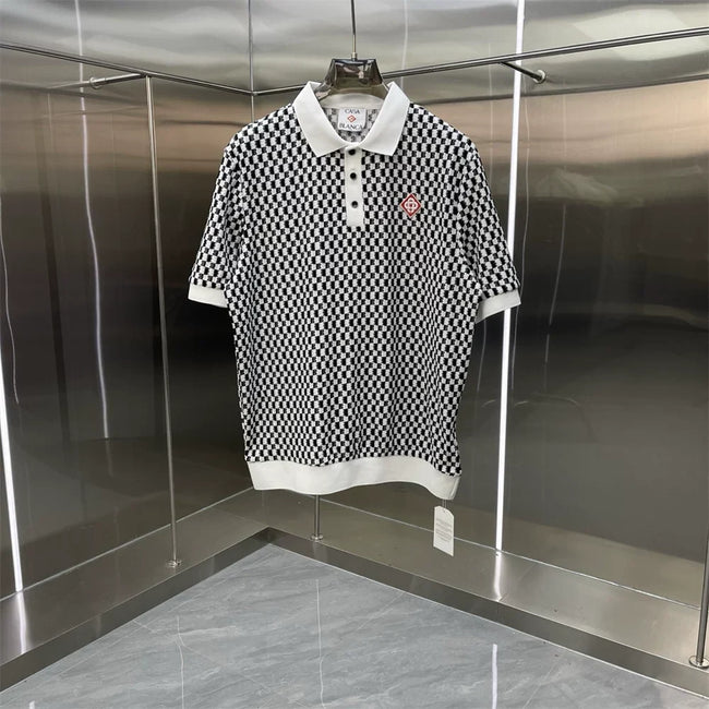 Casablanca Geometric Grid Knit Polo Shirt - Black / White Hover Image
