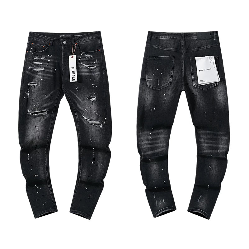 Ripped White Paint-Splatter Black Slim Denim Jeans Streetwear Pants