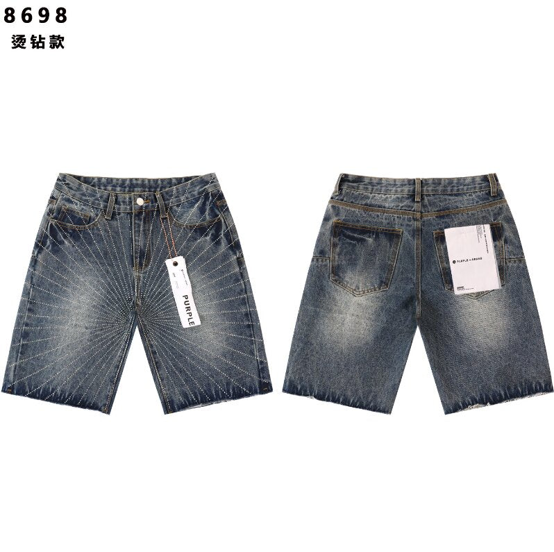 Radial Rhinestone Light‑Wash Denim Shorts