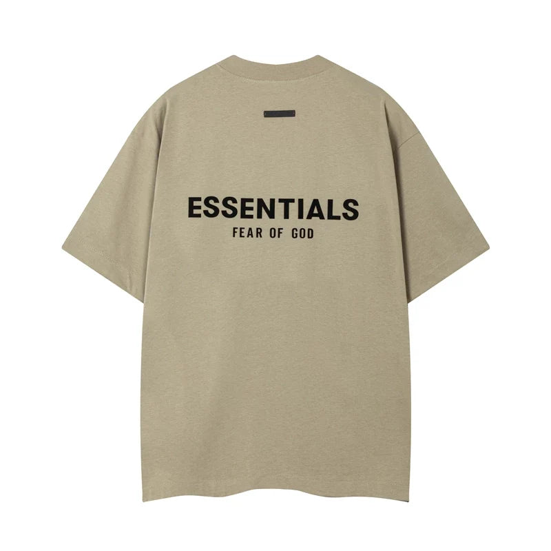 Fog Essentials Khaki Oversized Logo Print Short‑Sleeve Tee Minimalist Street‑Wear Top