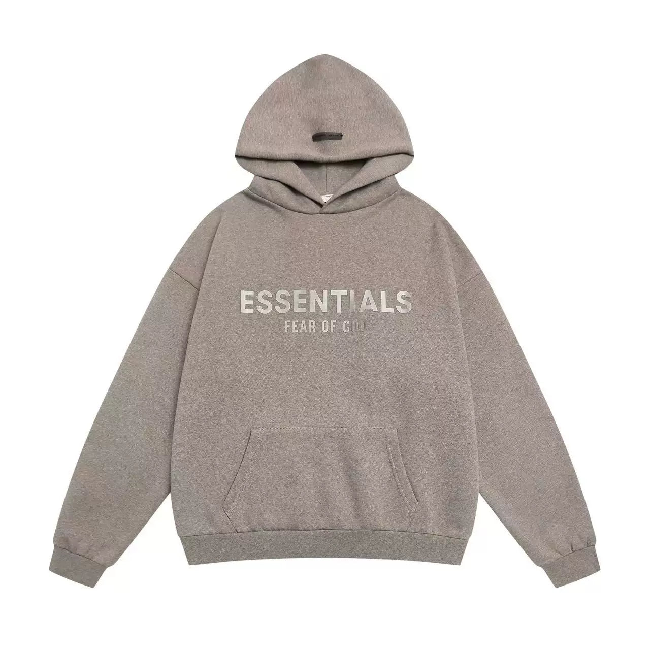 Fog Essentials Dark Taupe Front Metallic‑Print Hoodie, Oversized Drop‑Shoulder Streetwear Pullover