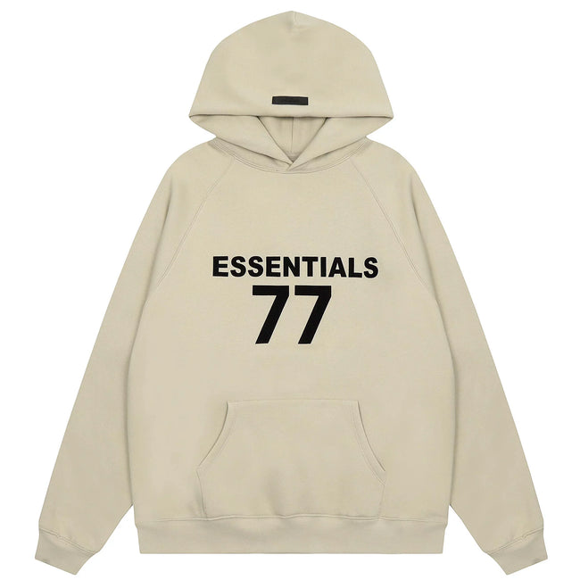 Fog Essentials Beige Oversized Hoodie “ESSENTIALS 77” Chest Graphic Hover Image
