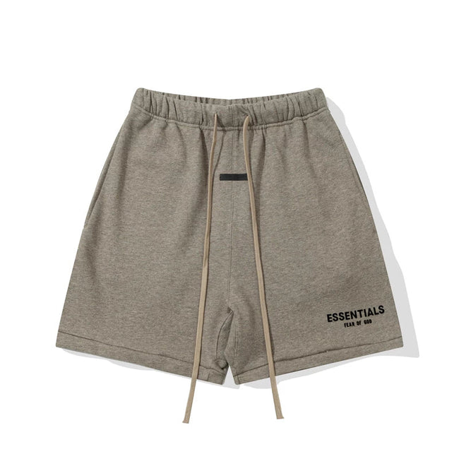 Fog Essentials Taupe Brown Elastic Waist Long Drawstring Black Logo Print Summer Street‑Wear Shorts Hover Image