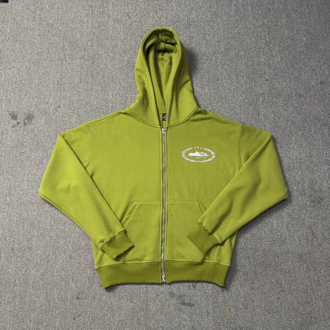 Olive Green Zip-Up Hoodie | Minimalist Streetwear Hoodie with Embroidered Logo Detail Hover Image