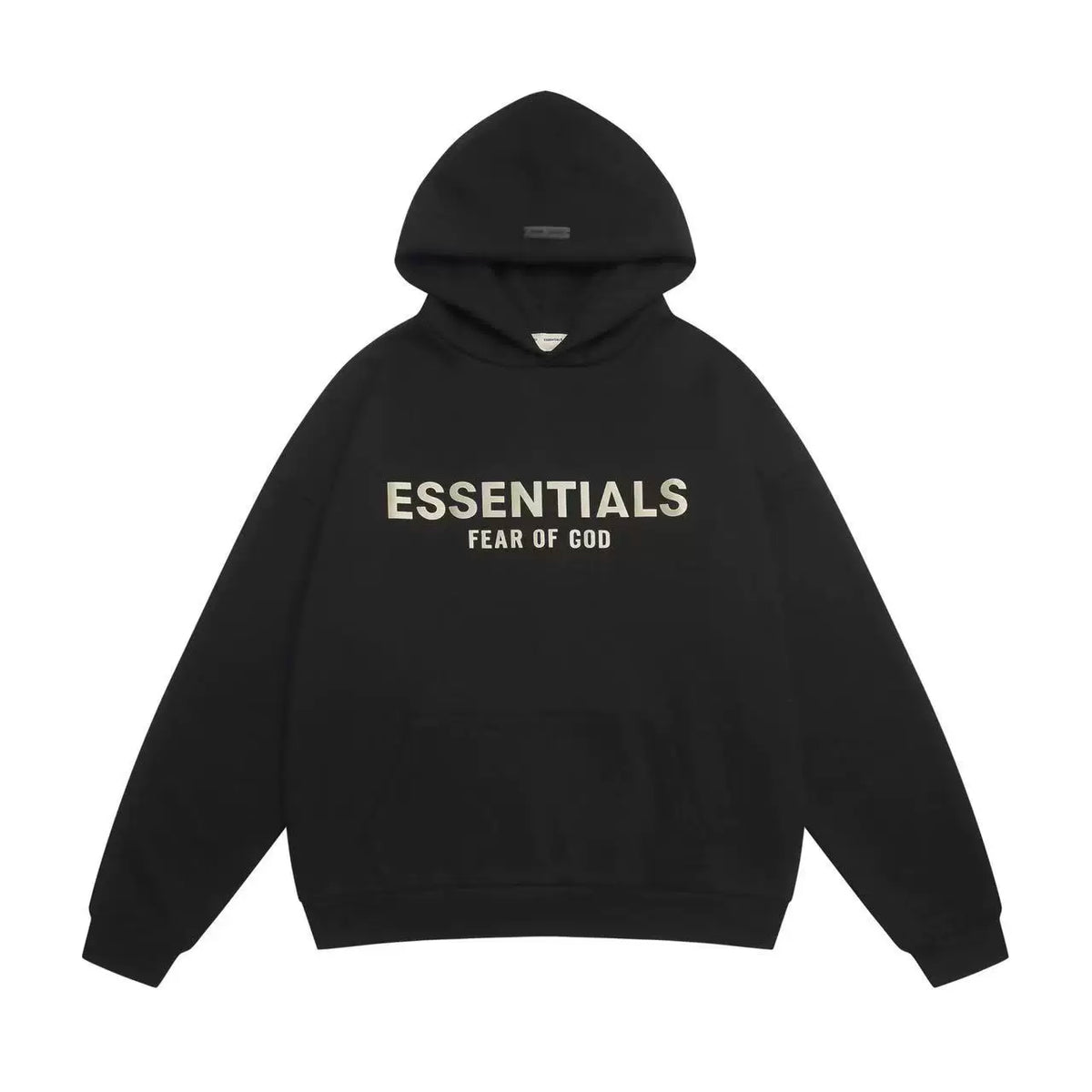 Fog Essentials Black Bold Front Logo Hoodie, Heavy‑Weight Loose‑Fit Casual Hooded Sweatshirt