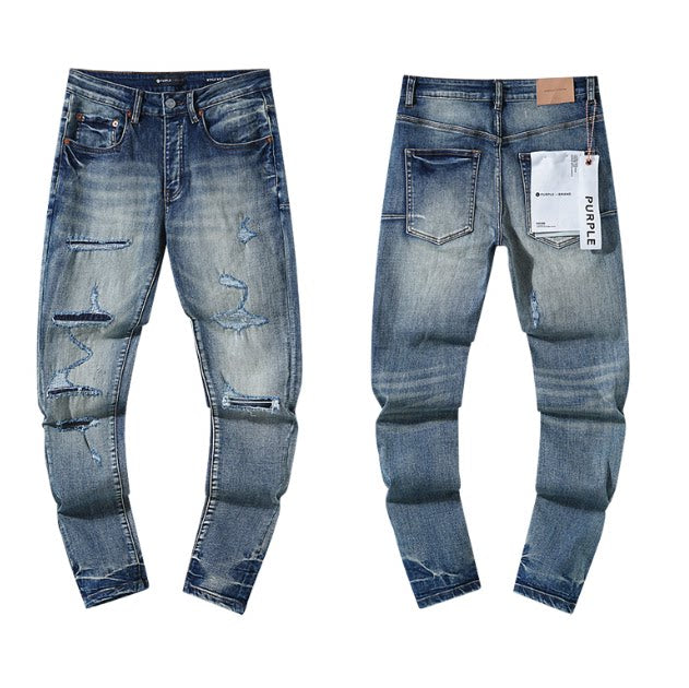 Multi‑Ripped Stitched Distressed Dark‑Wash Slim Denim Jeans